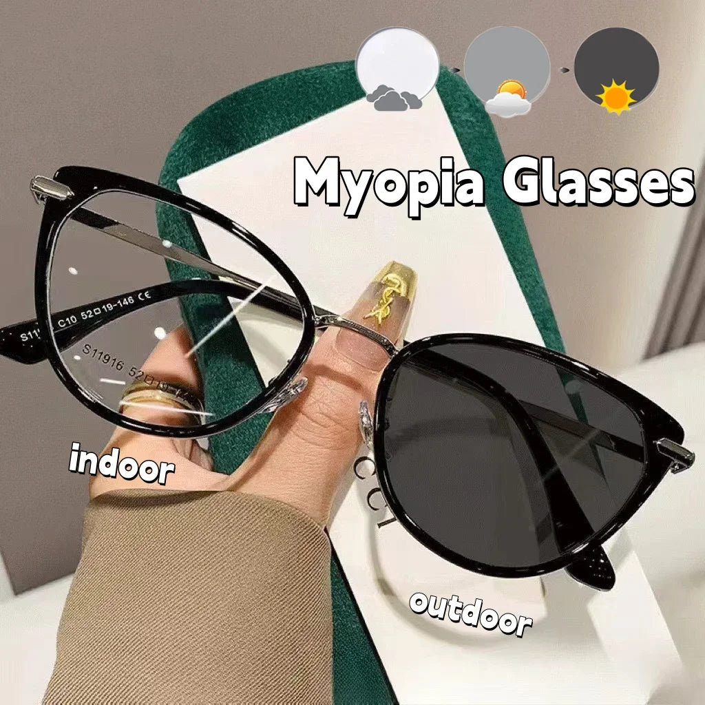 Unisex Outdoor Color Changing Myopia Glasses Fashion Cat Eye Near Sight Eyewear Finished Prescription Photochromic Sunglasses