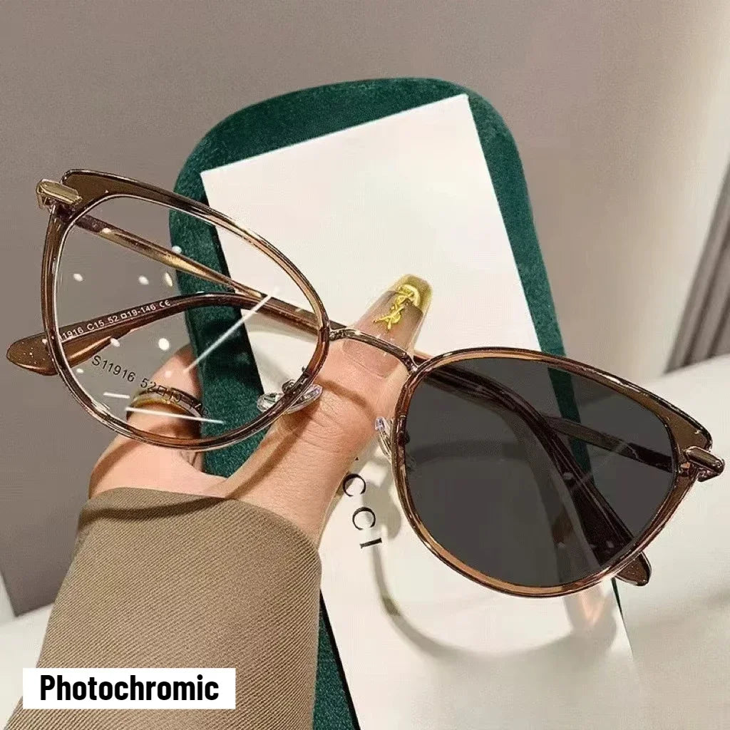 Unisex Outdoor Color Changing Myopia Glasses Fashion Cat Eye Near Sight Eyewear Finished Prescription Photochromic Sunglasses